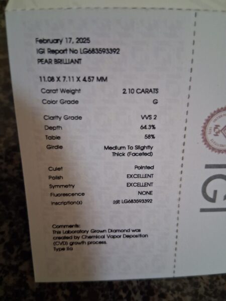 IGI 2.10 Carat G VVS2 Pear Lab Grown Diamond Loose Diamond - Image 2