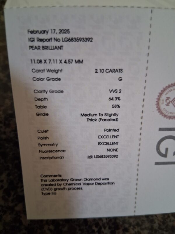 IGI 2.10 Carat G VVS2 Pear Lab Grown Diamond Loose Diamond - Image 2