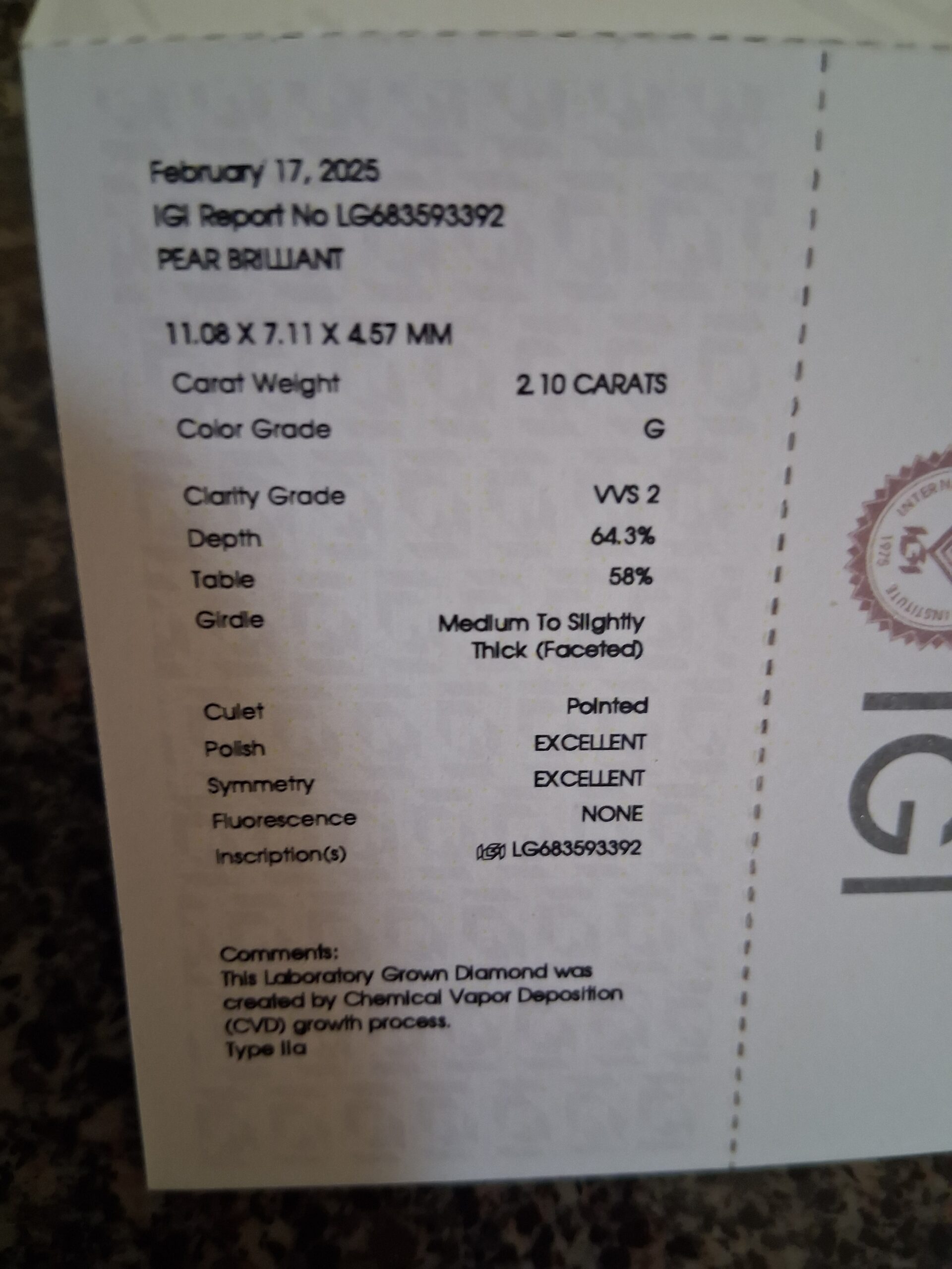 IGI 2.10 Carat G VVS2 Pear Lab Grown Diamond Loose Diamond - Image 2