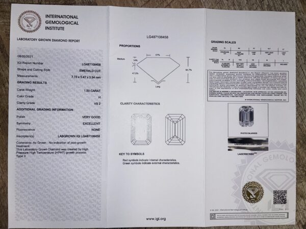 IGI 1.5 Carat H VS2 Emerald Lab Grown Diamond Ring - Image 5