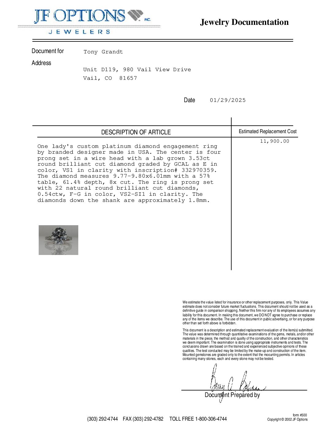 GCAL 3.54 Carat E VS1 Round Lab Grown Diamond Ring - Image 3