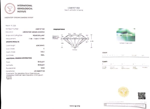 IGI 6.04 Carat E VVS2 Round Lab Grown Diamond Ring - Image 2