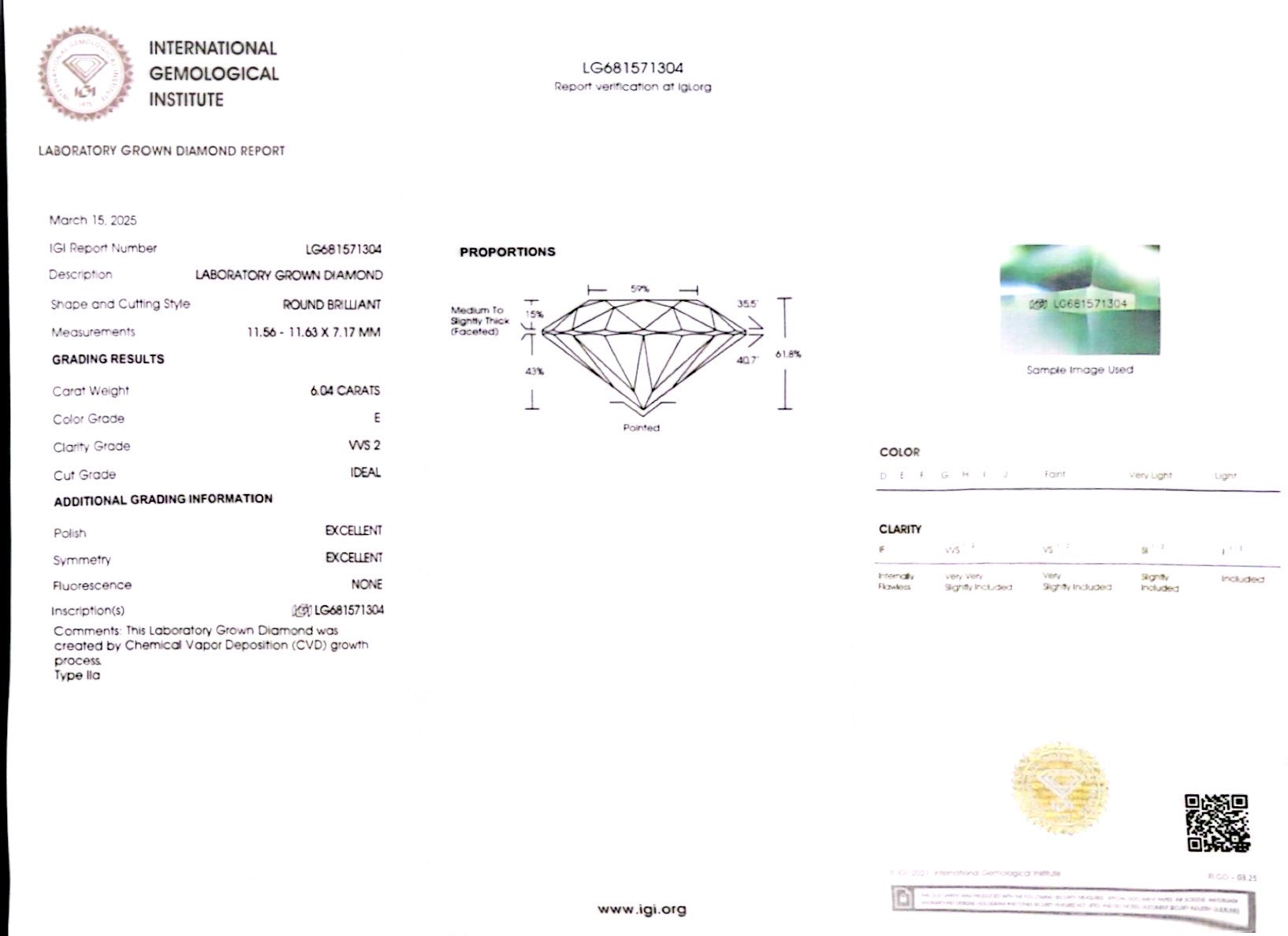 IGI 6.04 Carat E VVS2 Round Lab Grown Diamond Ring - Image 2