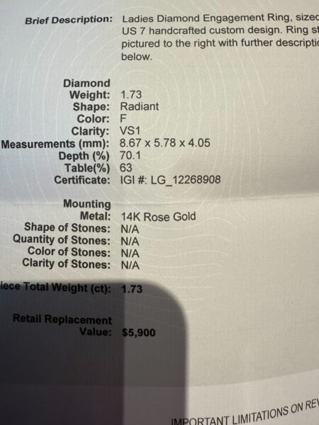 IGI 1.73 Carat F VS1 Radiant Lab Grown Diamond Ring - Image 2