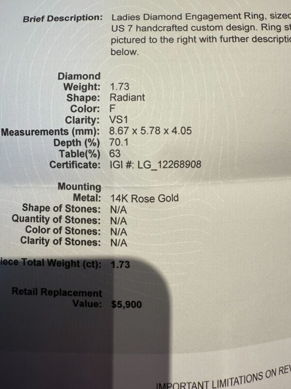 IGI 1.73 Carat F VS1 Radiant Lab Grown Diamond Ring - Image 2