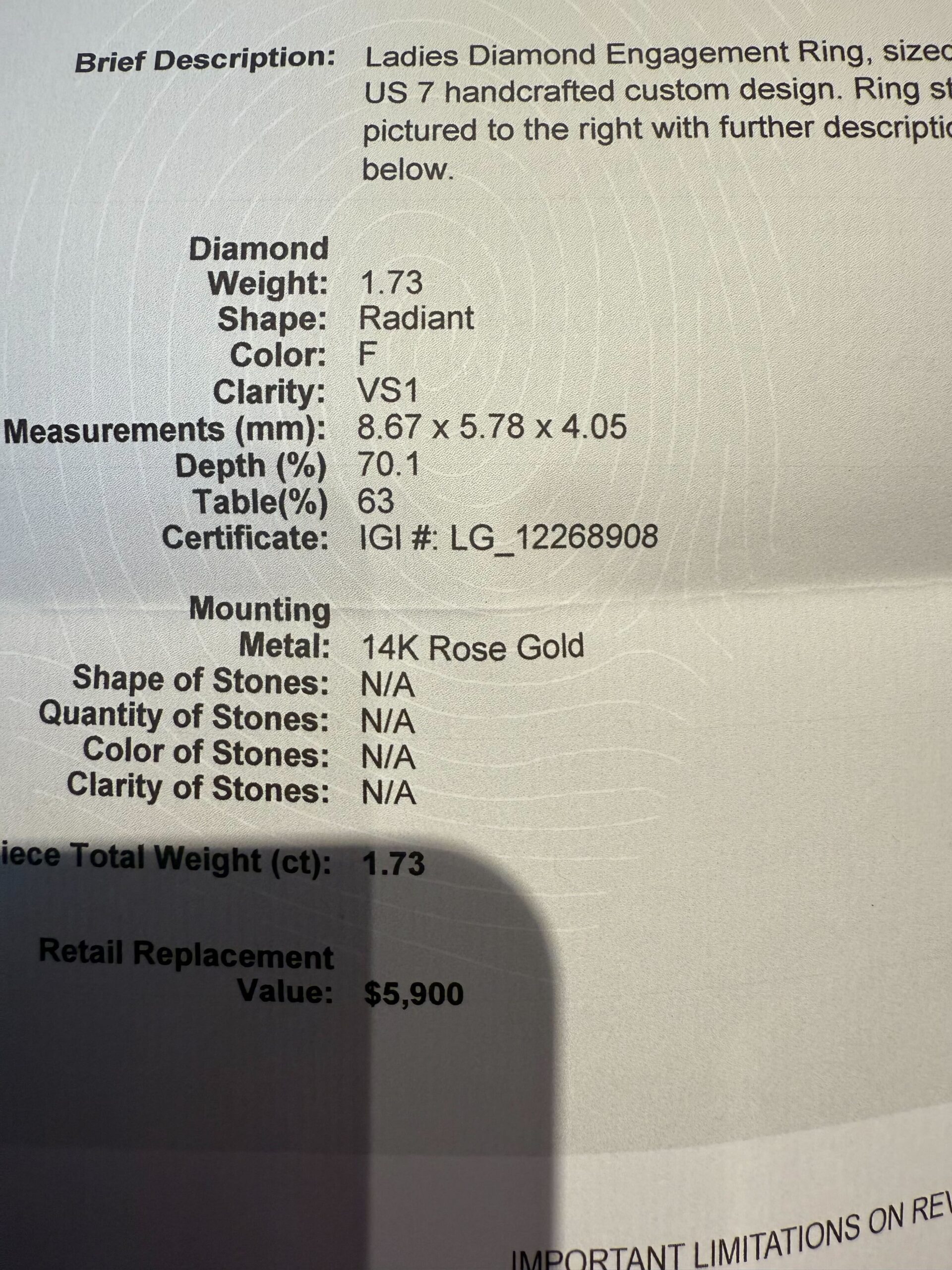 IGI 1.73 Carat F VS1 Radiant Lab Grown Diamond Ring - Image 2