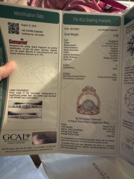 GCAL .88 Carat F VS1 Round Lab Grown Diamond Ring - Image 3