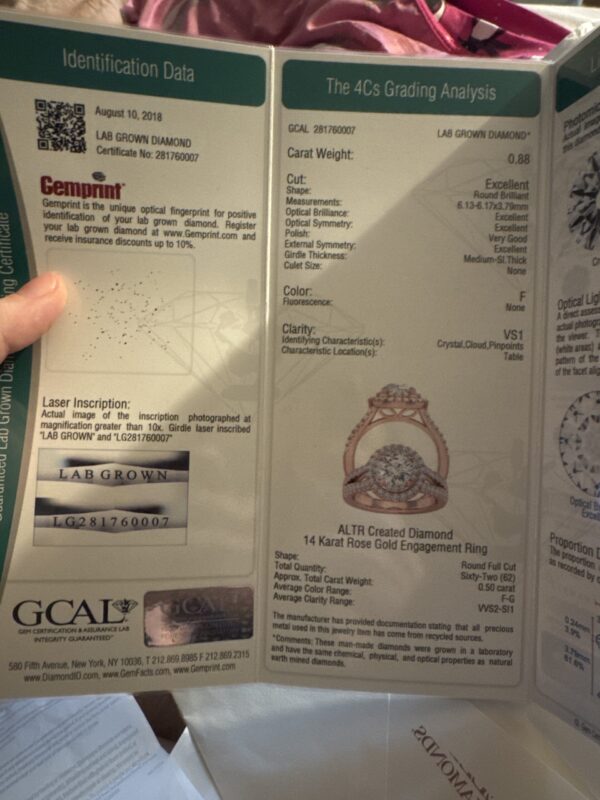 GCAL .88 Carat F VS1 Round Lab Grown Diamond Ring - Image 3