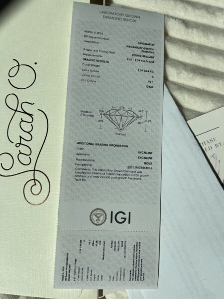IGI 3.09 Carat D VS1 Round Lab Grown Diamond Ring - Image 11