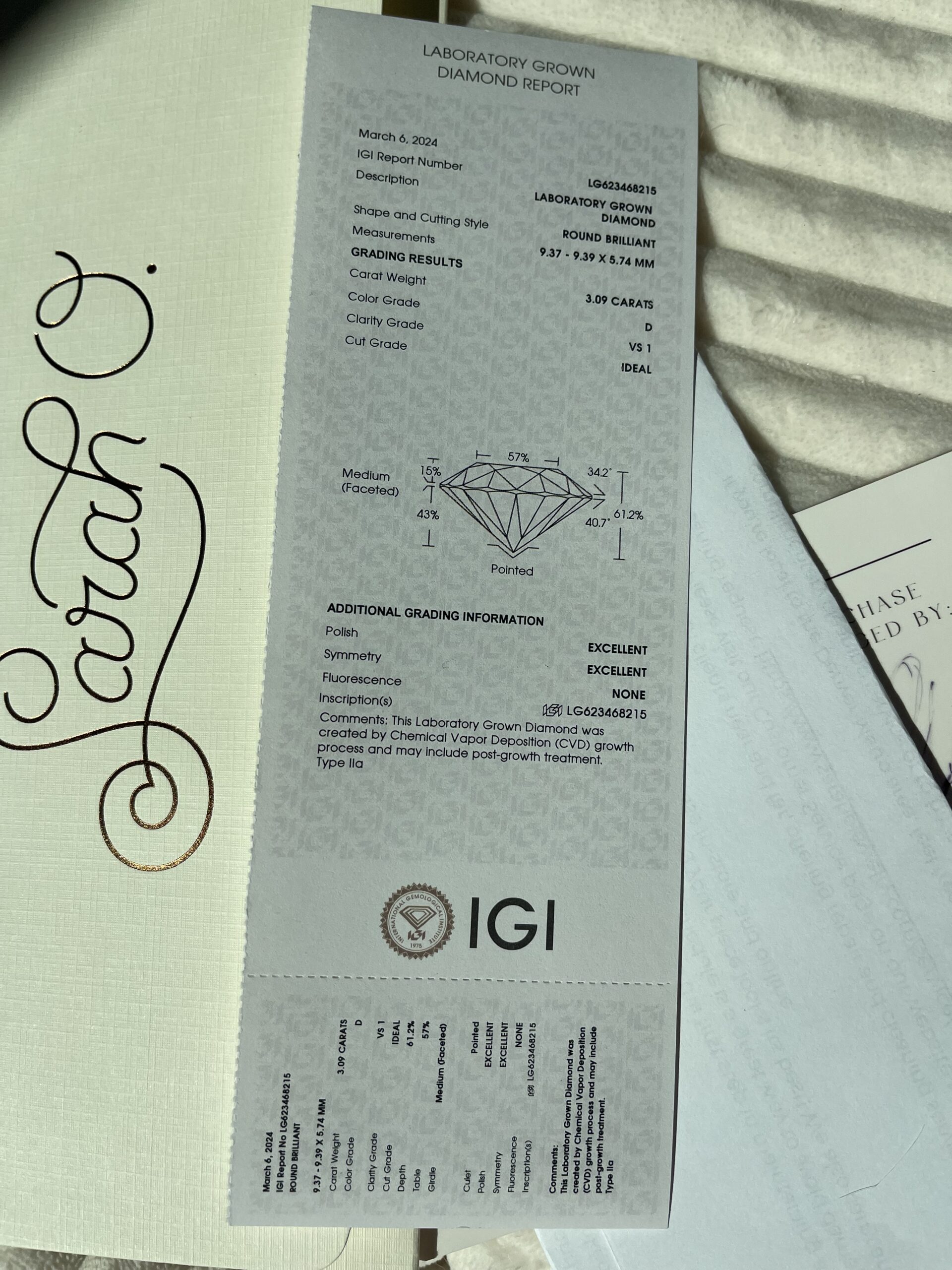 IGI 3.09 Carat D VS1 Round Lab Grown Diamond Ring - Image 11