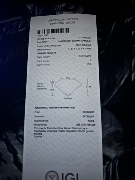 IGI 2.07 Carat E VS2 Pear Lab Grown Diamond Loose Diamond - Image 3