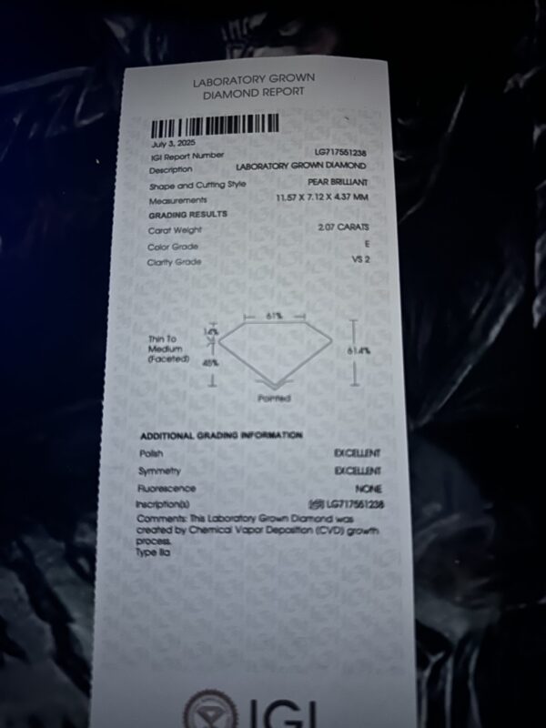 IGI 2.07 Carat E VS2 Pear Lab Grown Diamond Loose Diamond - Image 3