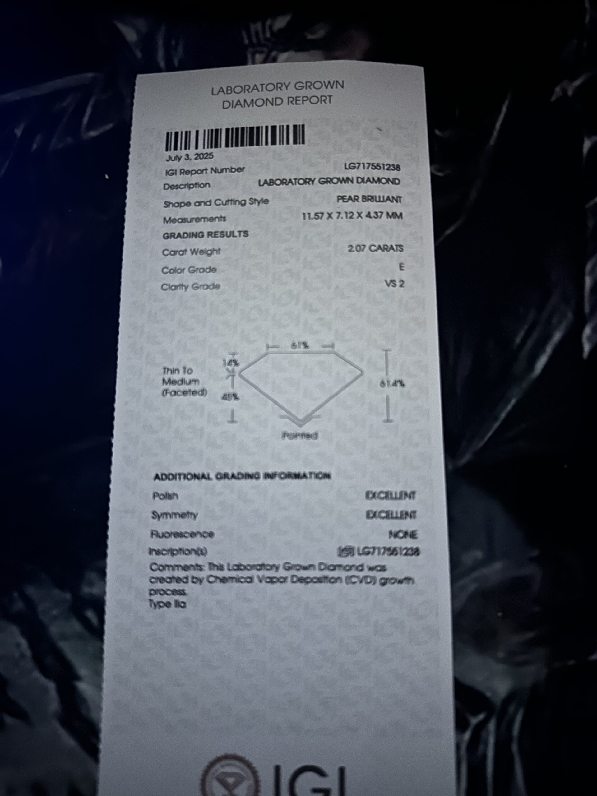 IGI 2.07 Carat E VS2 Pear Lab Grown Diamond Loose Diamond - Image 3