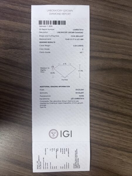 IGI 5.04 Carat E VS1 Oval Lab Grown Diamond Ring - Image 3