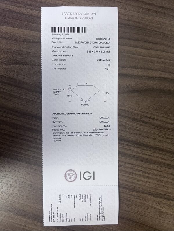 IGI 5.04 Carat E VS1 Oval Lab Grown Diamond Ring - Image 3