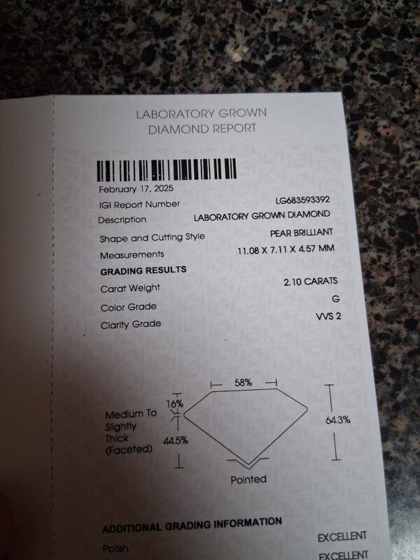 IGI 2.10 Carat G VVS2 Pear Lab Grown Diamond Loose Diamond - Image 5
