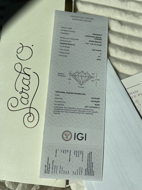 IGI 3.09 Carat D VS1 Round Lab Grown Diamond Ring - Image 13