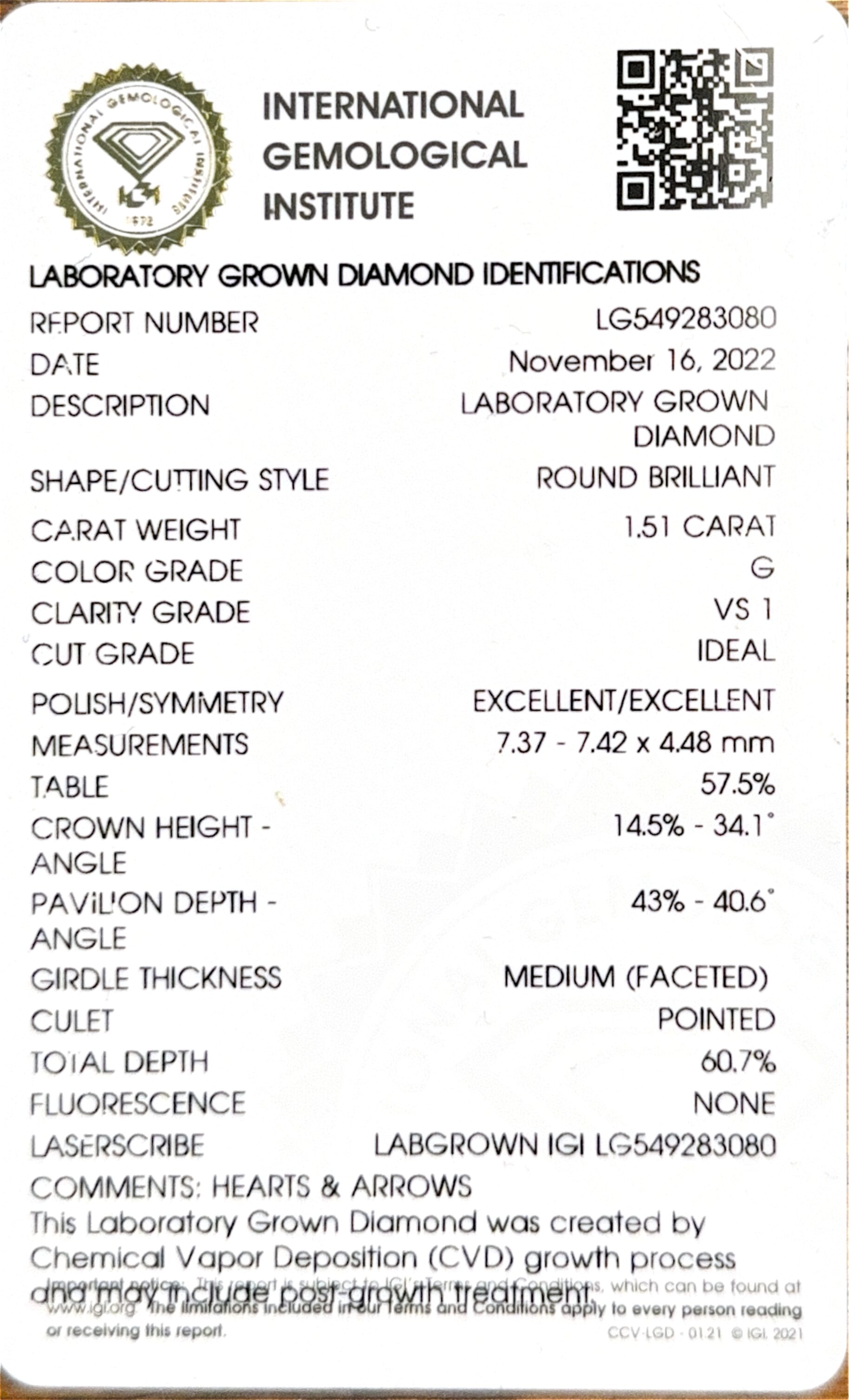 IGI 1.51 Carat G VS1 Round Lab Grown Diamond Ring - Image 22
