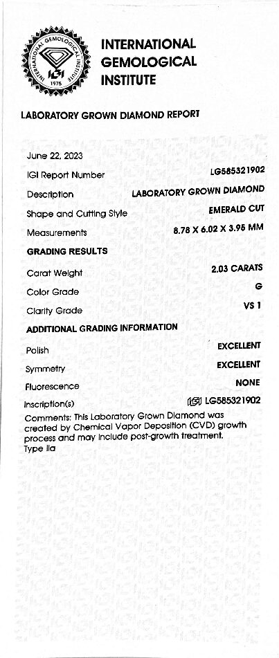 IGI 2.03 Carat G VS1 Emerald Lab Grown Diamond Ring - Image 2
