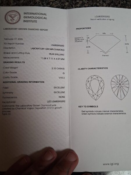 IGI 2.10 Carat G VVS2 Pear Lab Grown Diamond Loose Diamond - Image 4