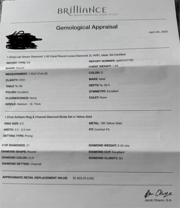 IGI 1.5 Carat D VVS1 Round Lab Grown Diamond Ring - Image 9