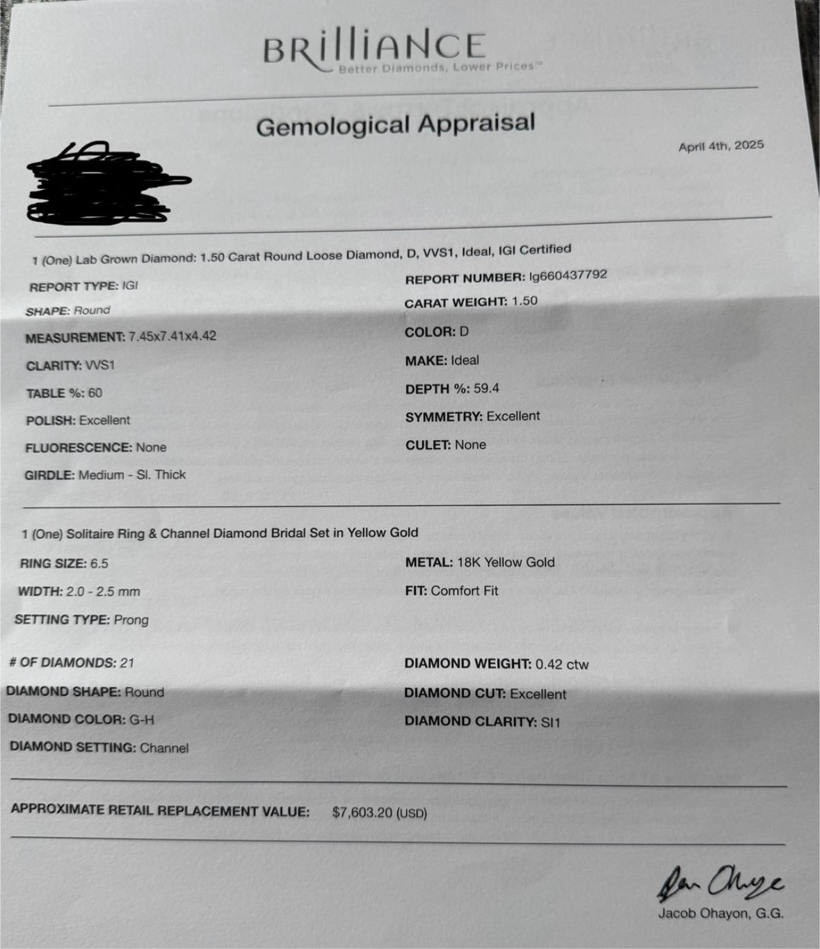 IGI 1.5 Carat D VVS1 Round Lab Grown Diamond Ring - Image 9