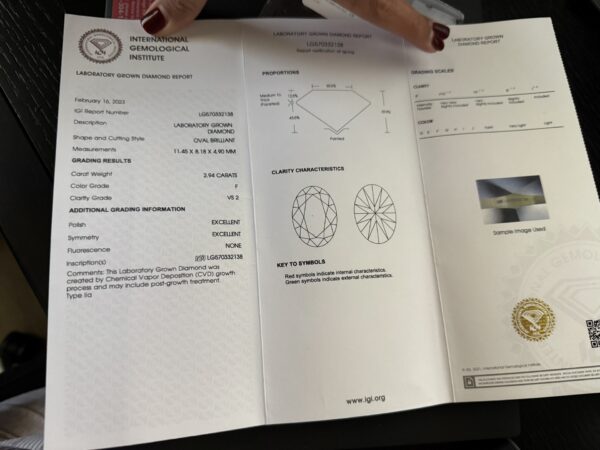 IGI 3 Carat F VS2 Oval Lab Grown Diamond Ring - Image 8