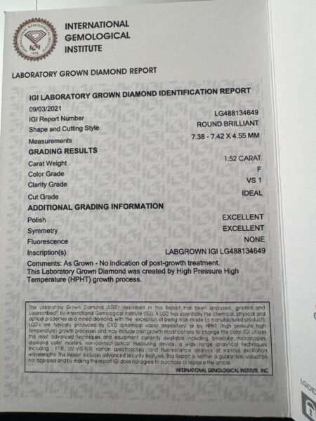 IGI 1.52 Carat F VS1 Round Lab Grown Diamond Ring - Image 7