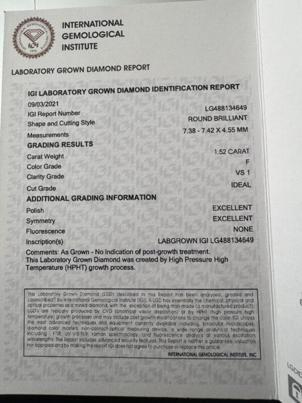 IGI 1.52 Carat F VS1 Round Lab Grown Diamond Ring - Image 7