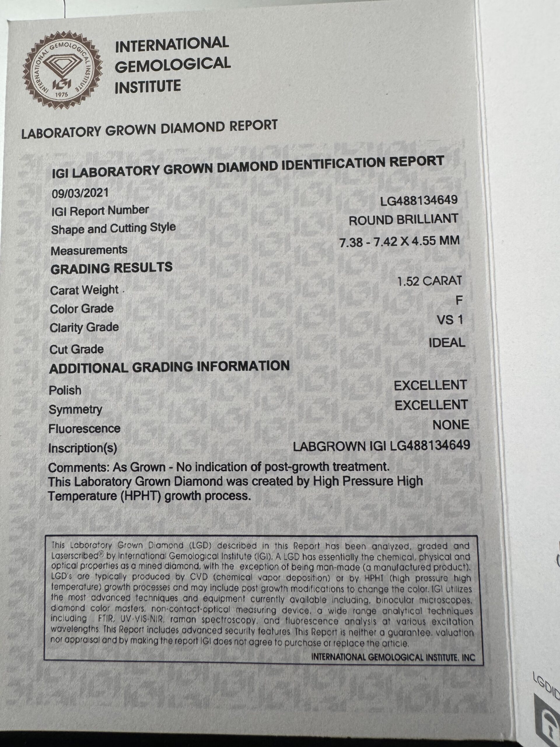 IGI 1.52 Carat F VS1 Round Lab Grown Diamond Ring - Image 7