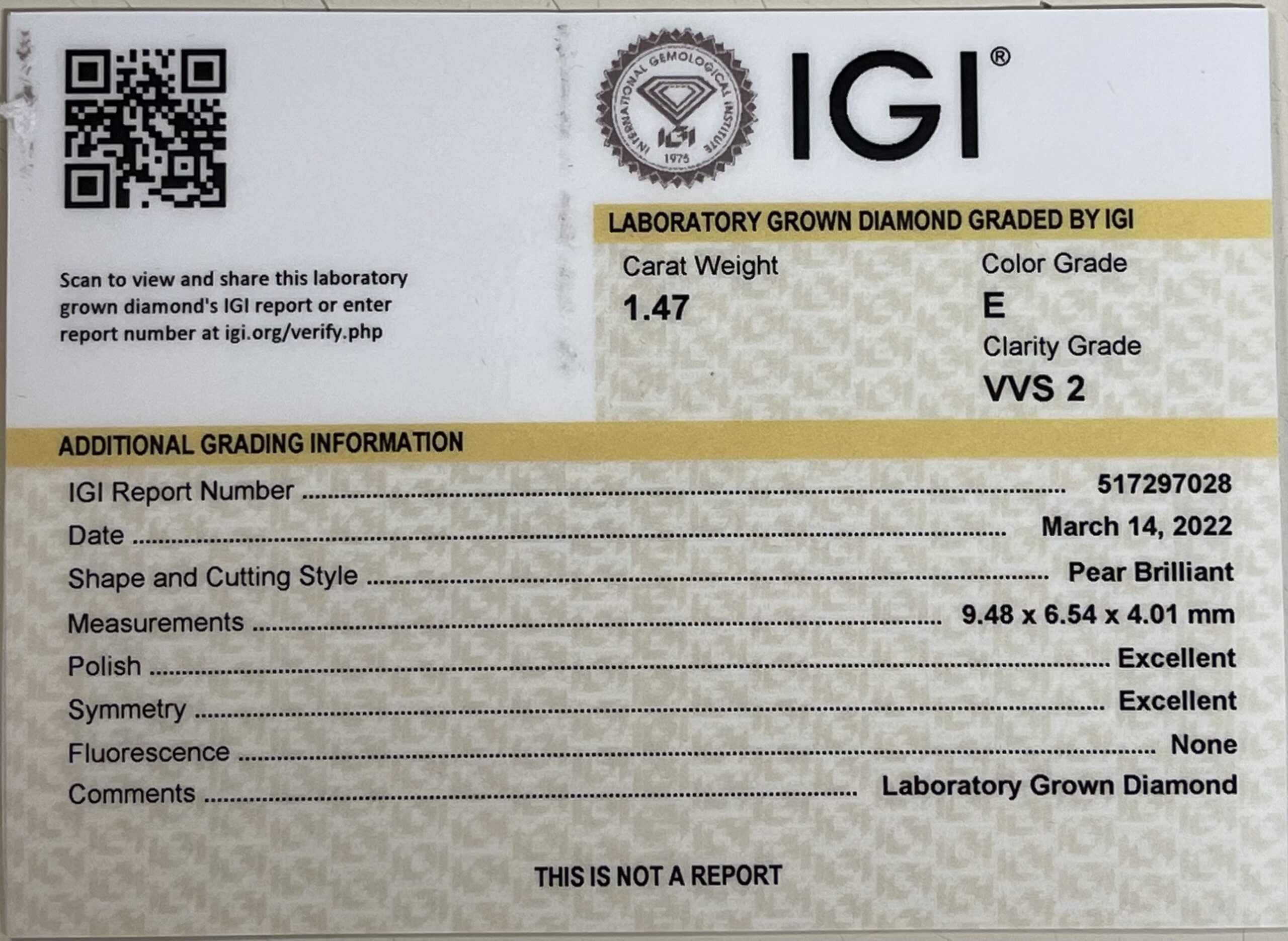 IGI 1.47 Carat E VVS2 Pear Lab Grown Diamond Ring - Image 4