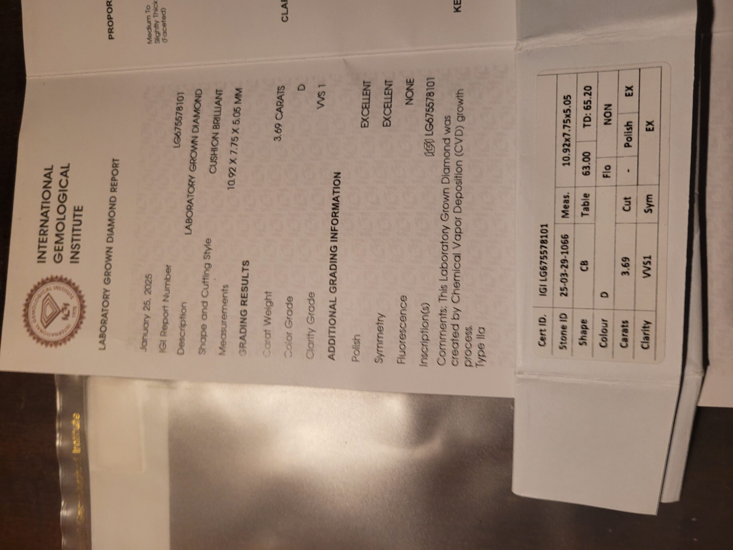 IGI 3.69 Carat D VVS1 Cushion Lab Grown Diamond Loose Diamond - Image 9