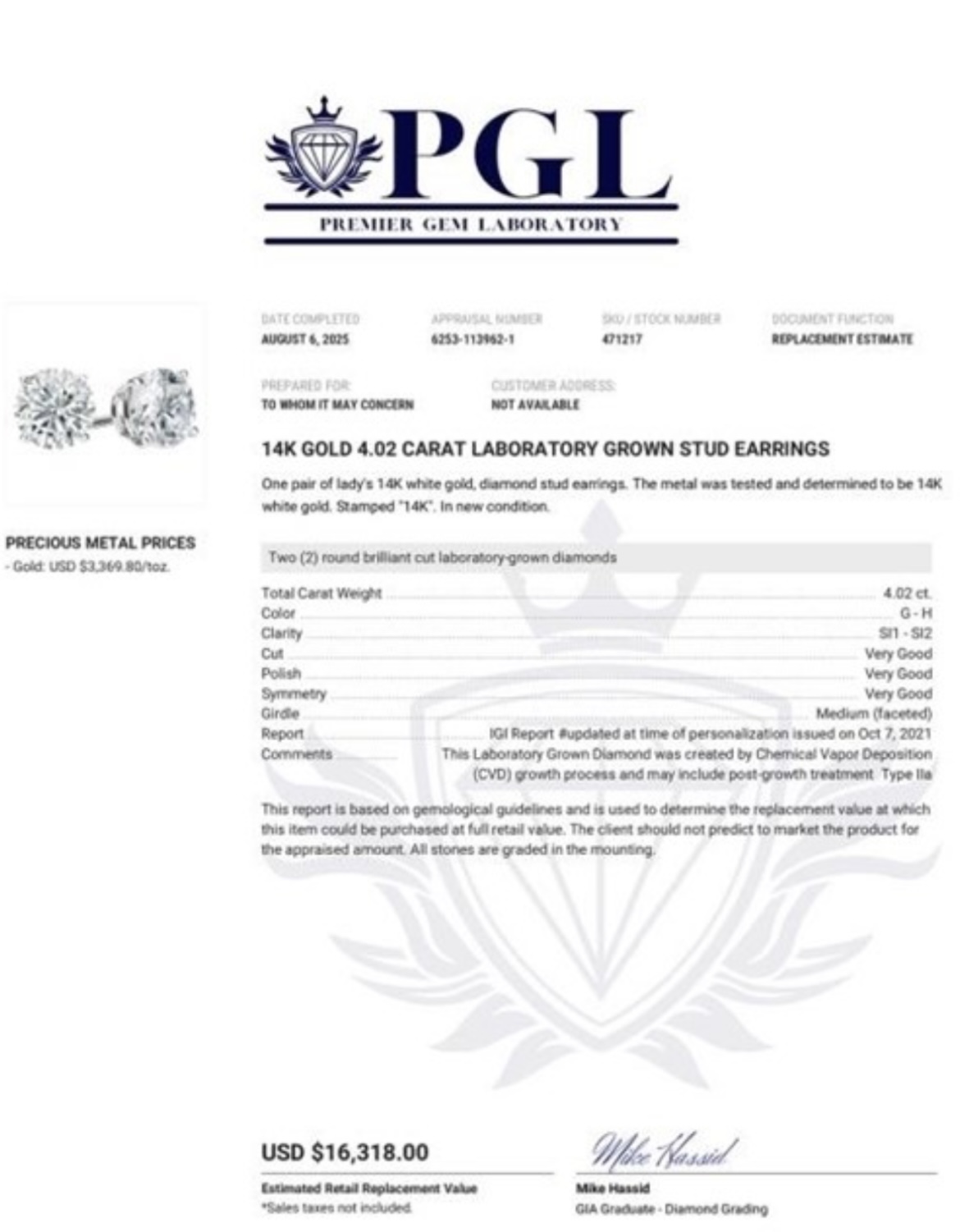 Not Sure/Unknown 4.02 Carat G SI2 Round Lab Grown Diamond Other Diamond Jewelry - Image 3