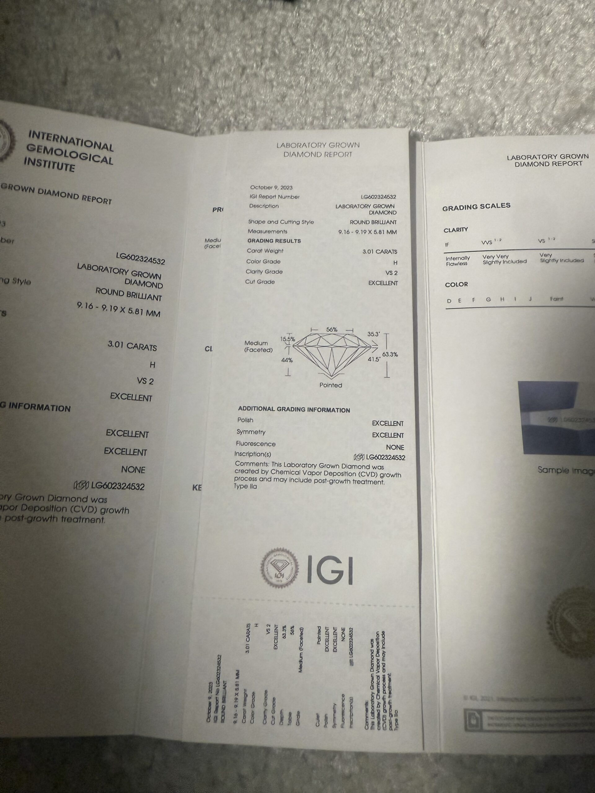 IGI 3.01 Carat H VS2 Round Lab Grown Diamond Ring - Image 5