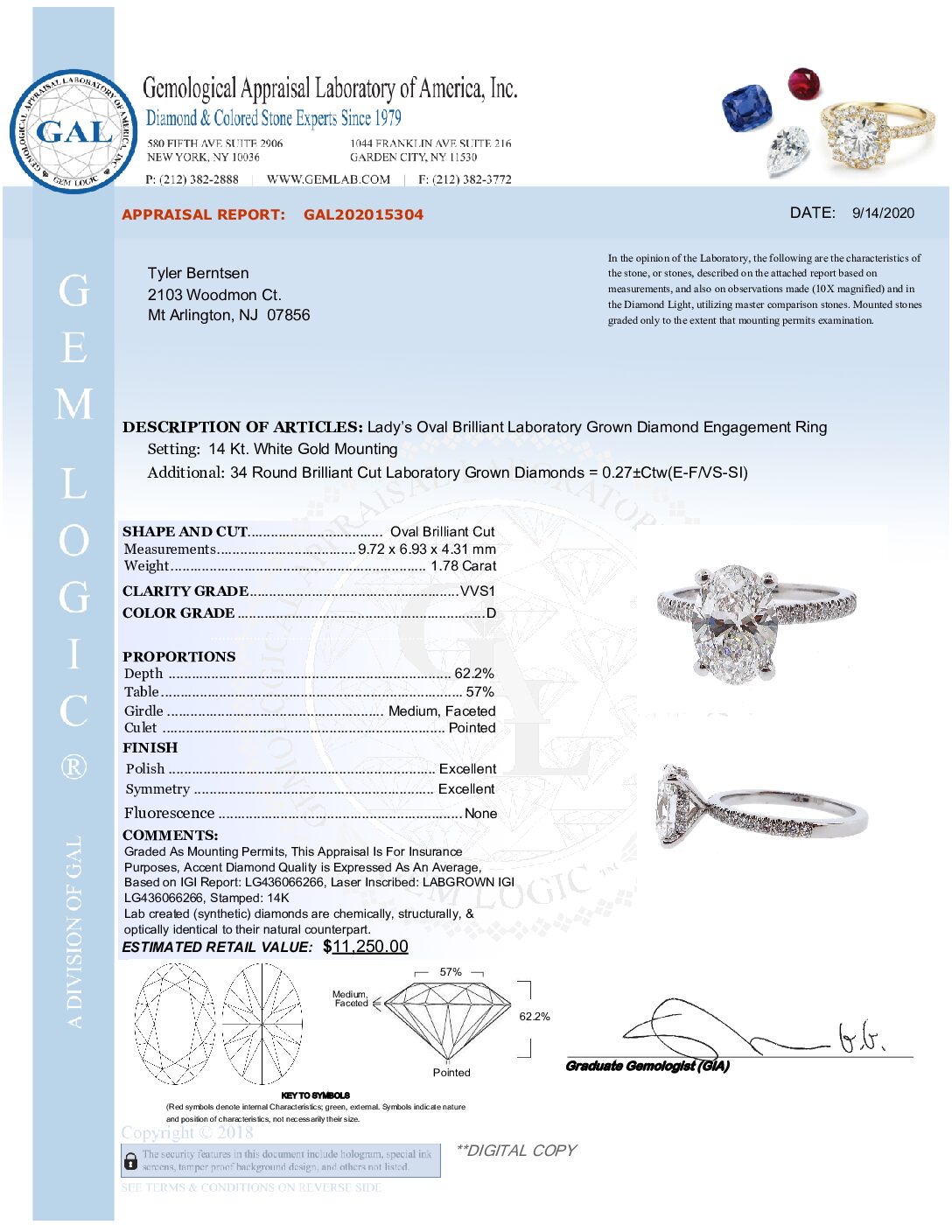 GCAL 1.78 Carat D VVS2 Oval Lab Grown Diamond Ring - Image 6
