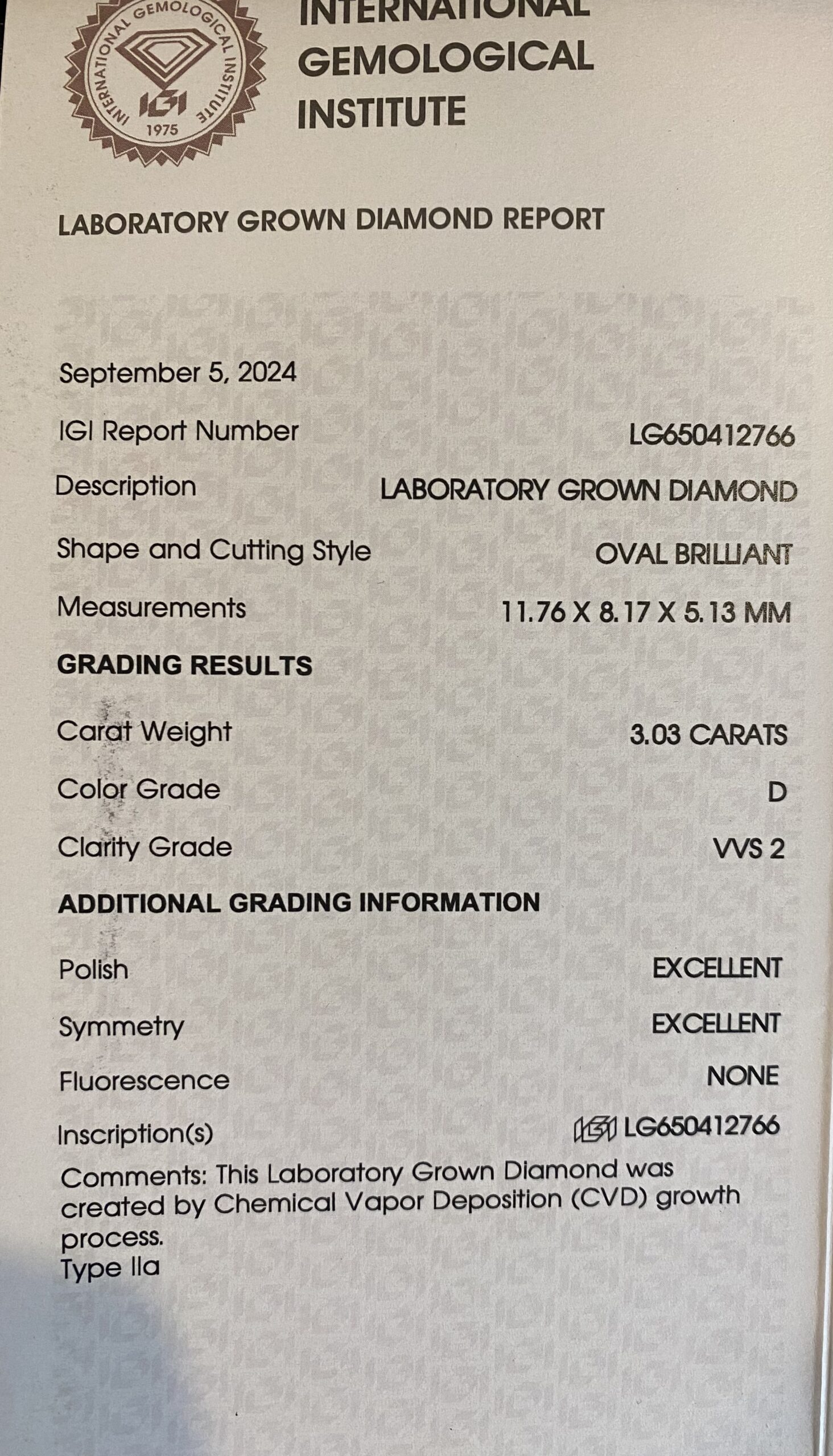 IGI 3.03 Carat D VVS2 Oval Lab Grown Diamond Ring - Image 6