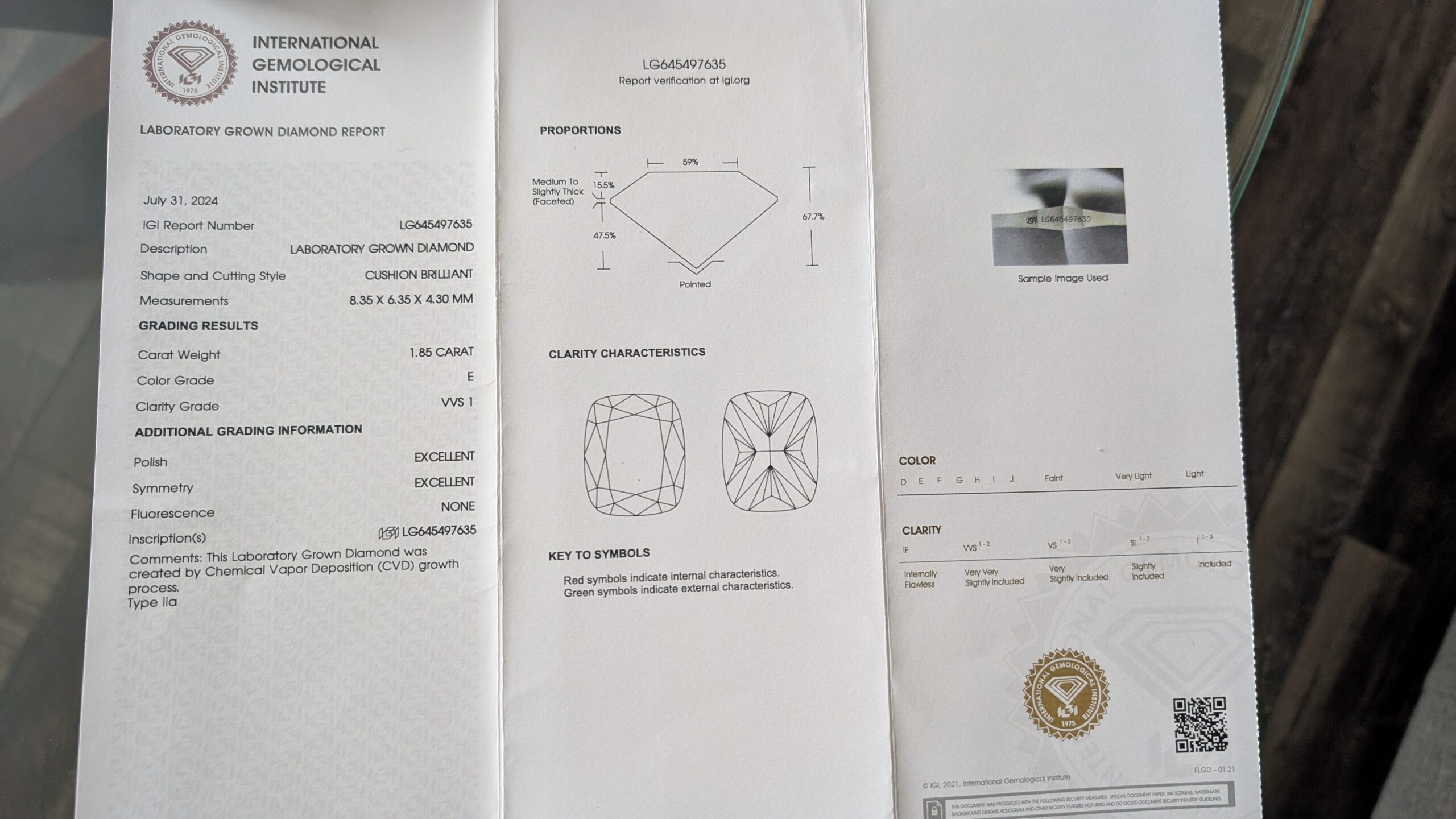 IGI 1.85 Carat E VVS1 Cushion Lab Grown Diamond Loose Diamond - Image 4