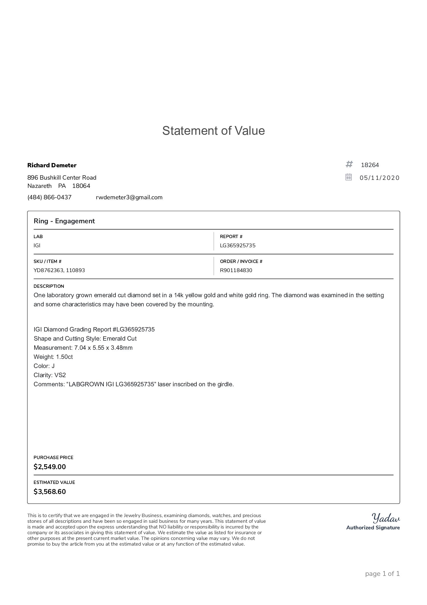 IGI 1.5 Carat J VS2 Emerald Lab Grown Diamond Ring - Image 4