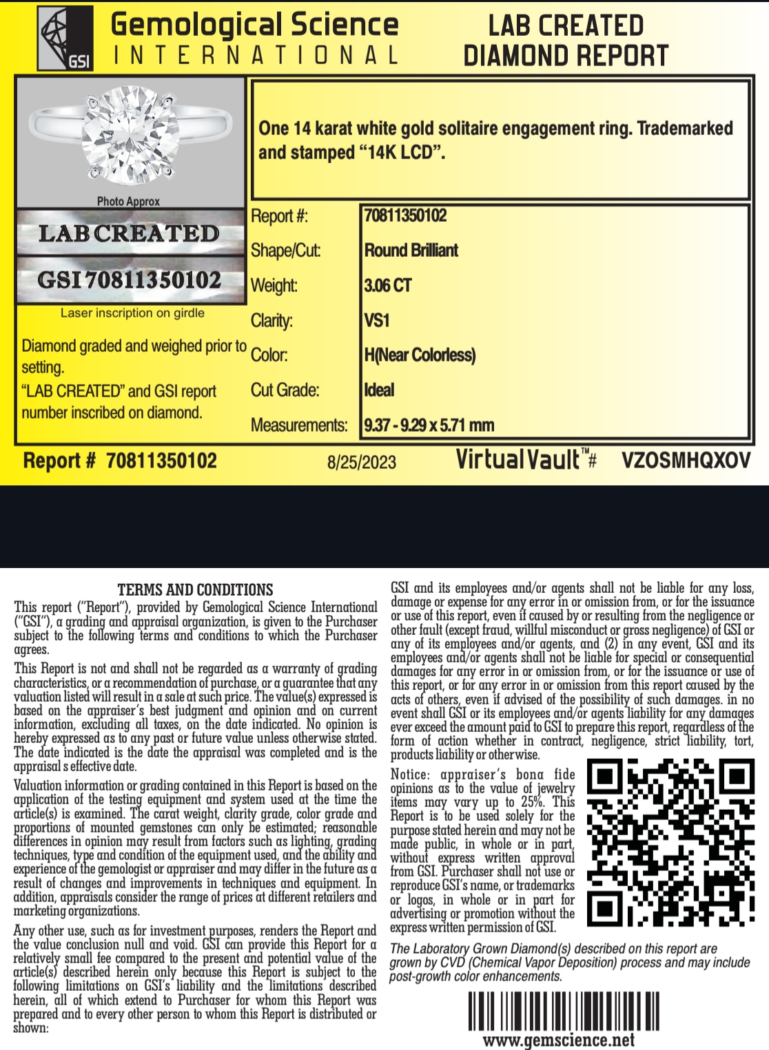 GSI 3.06 Carat H VS1 Round Lab Grown Diamond 14 Karat White Gold Ring - Image 7