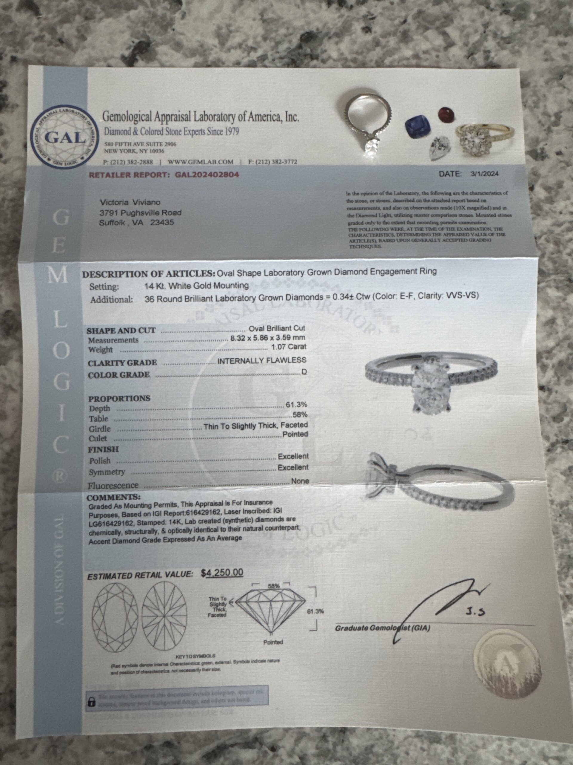 GCAL 1.07 Carat D IF Oval Lab Grown Diamond Ring - Image 3