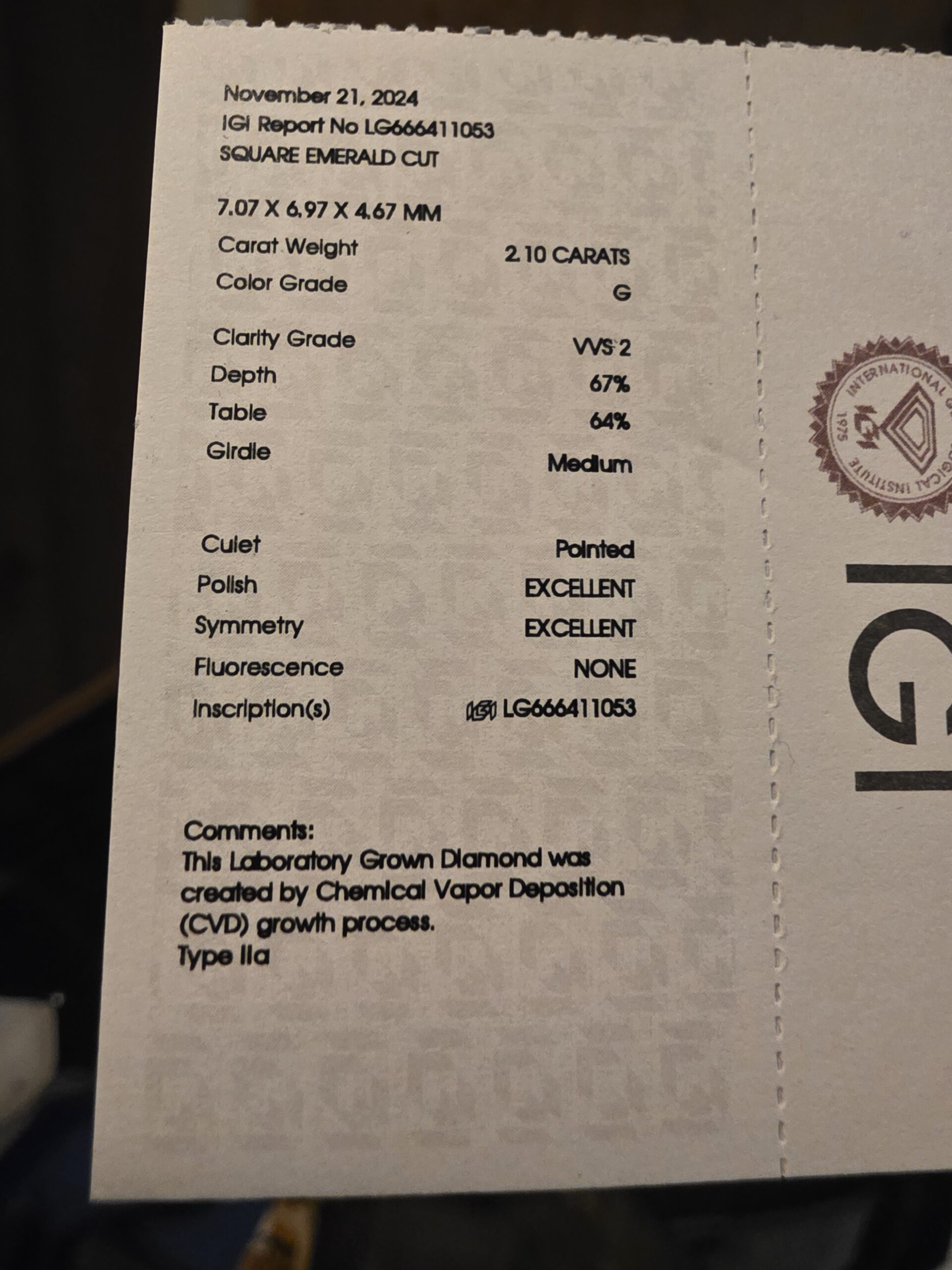 IGI 2.1 Carat G VVS2 Asscher Lab Grown Diamond Loose Diamond - Image 3