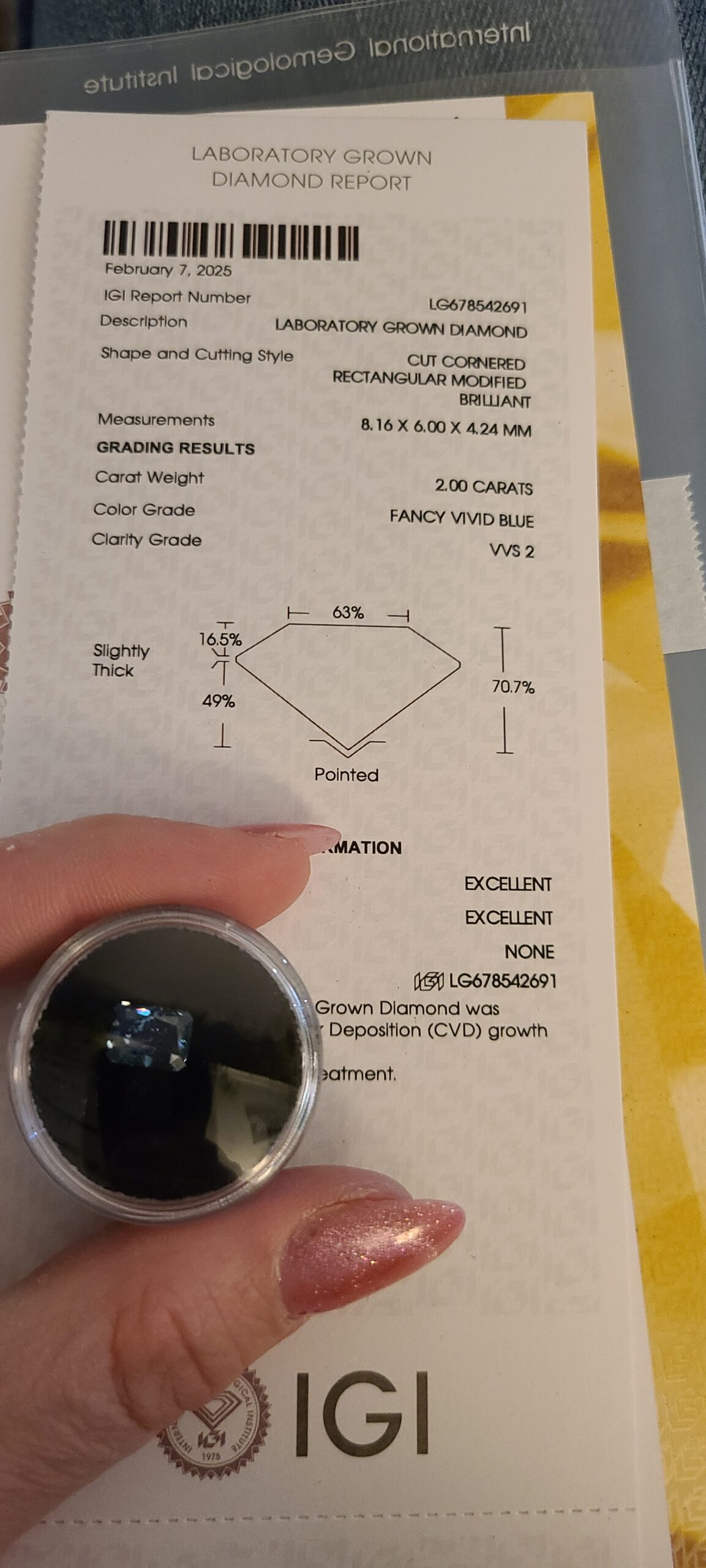 IGI 2 Carat I VVS2 Radiant Lab Grown Diamond Loose Diamond - Image 2