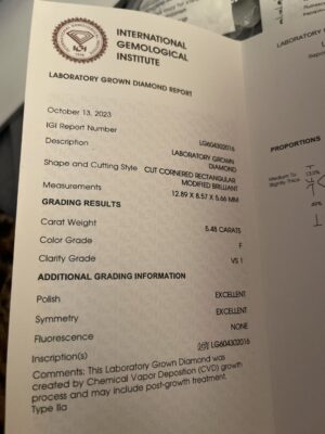 IGI 5.48 Carat F VS1 Radiant Lab Grown Diamond Ring
