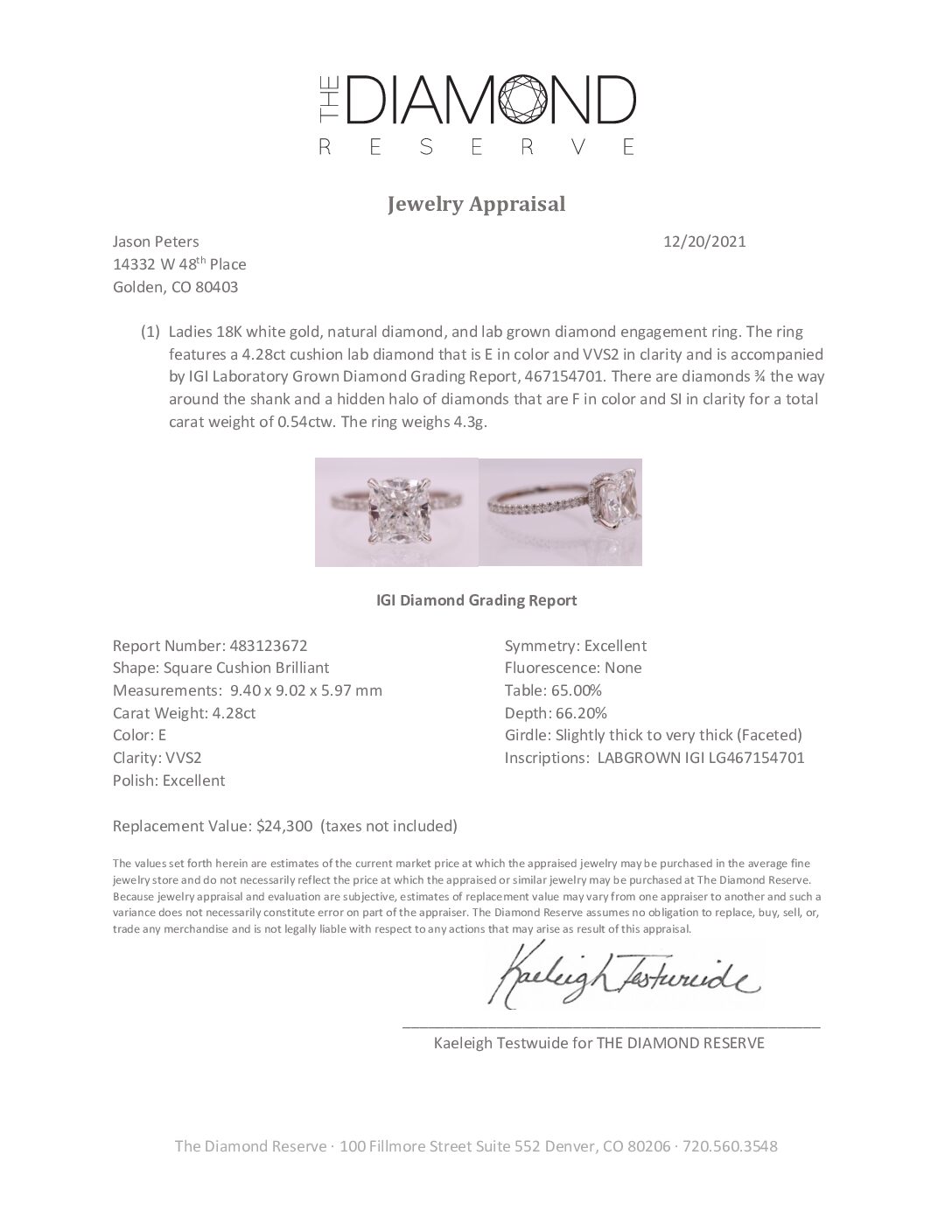 IGI 4.28 Carat E VVS2 Cushion Lab Grown Diamond Ring - Image 3