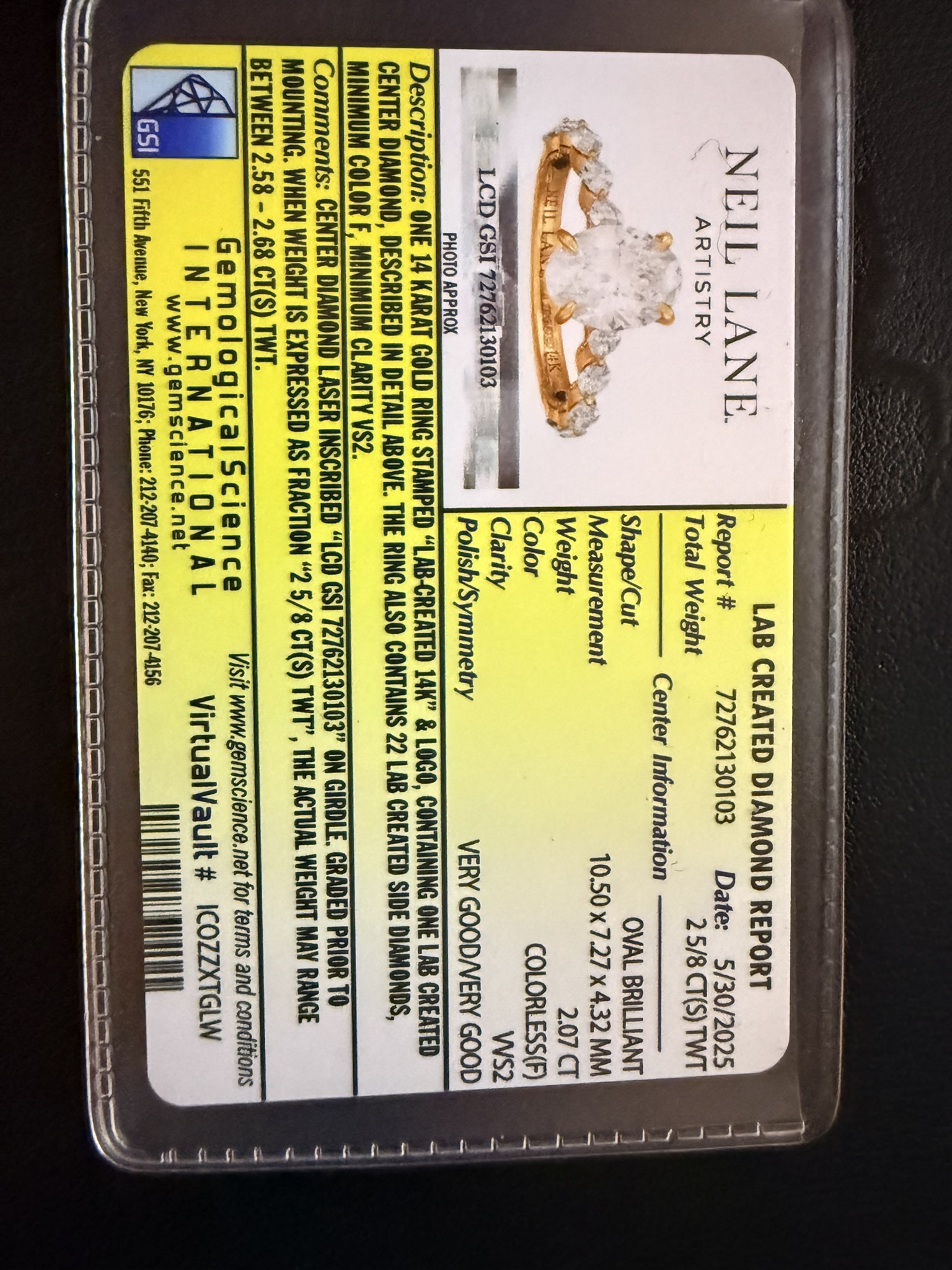 GSI 2.58 Carat F VVS2 Oval Lab Grown Diamond Ring - Image 5