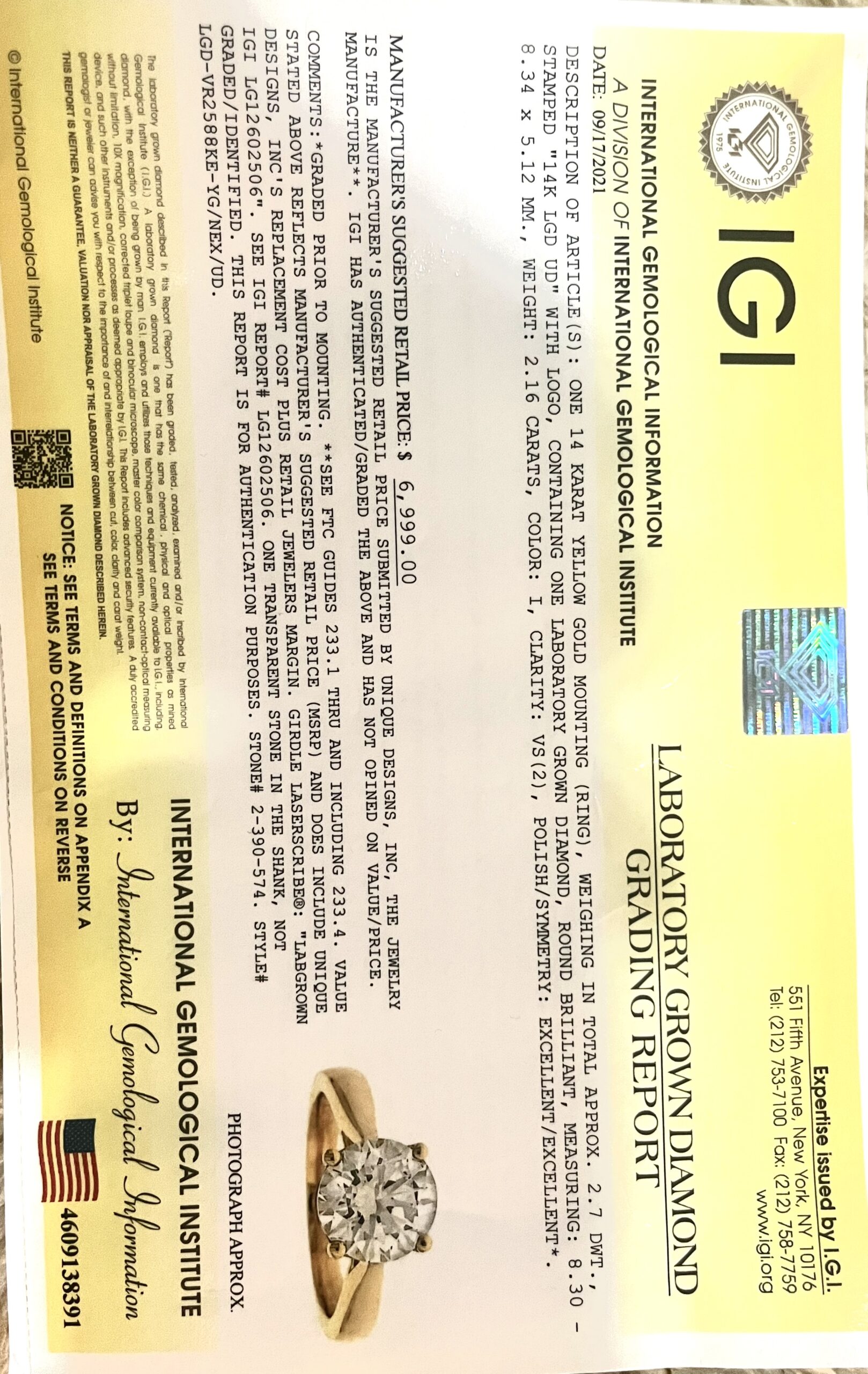 IGI 2.16 Carat I VS2 Round Lab Grown Diamond Ring - Image 8