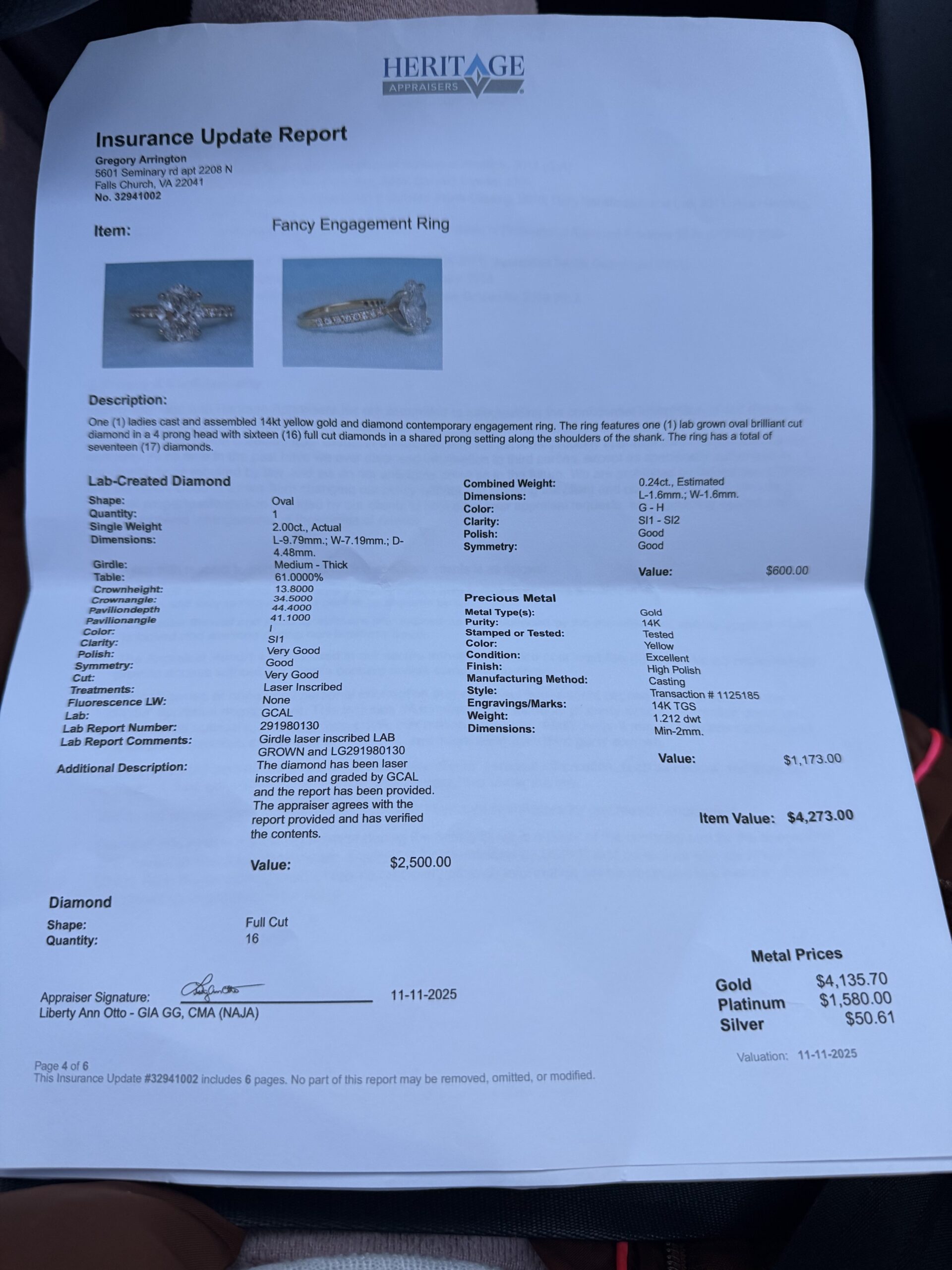 Not Sure/Unknown 2 Carat I SI1 Oval Lab Grown Diamond Ring - Image 3