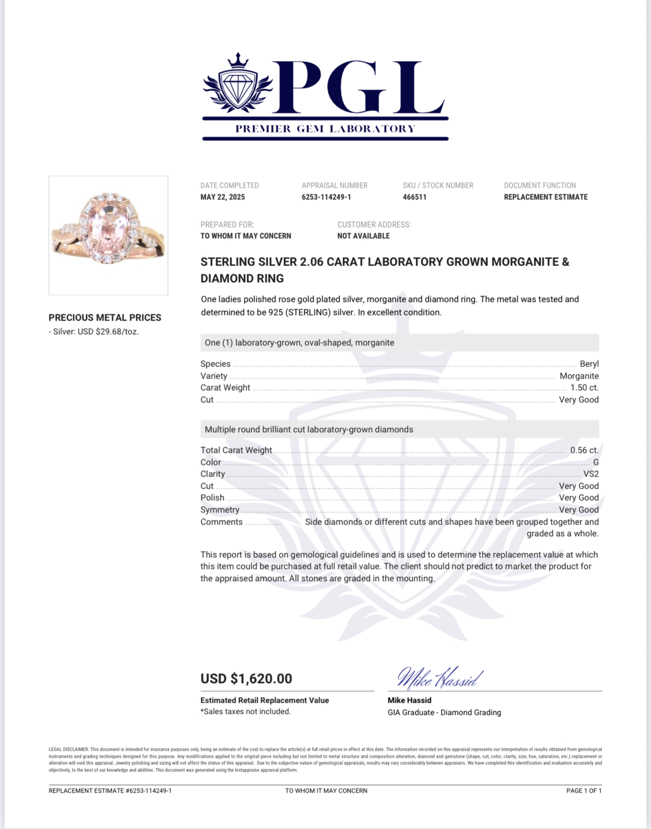 Not Sure/Unknown 2.06 Carat VS2 G Oval Lab Grown Diamond Ring - Image 3