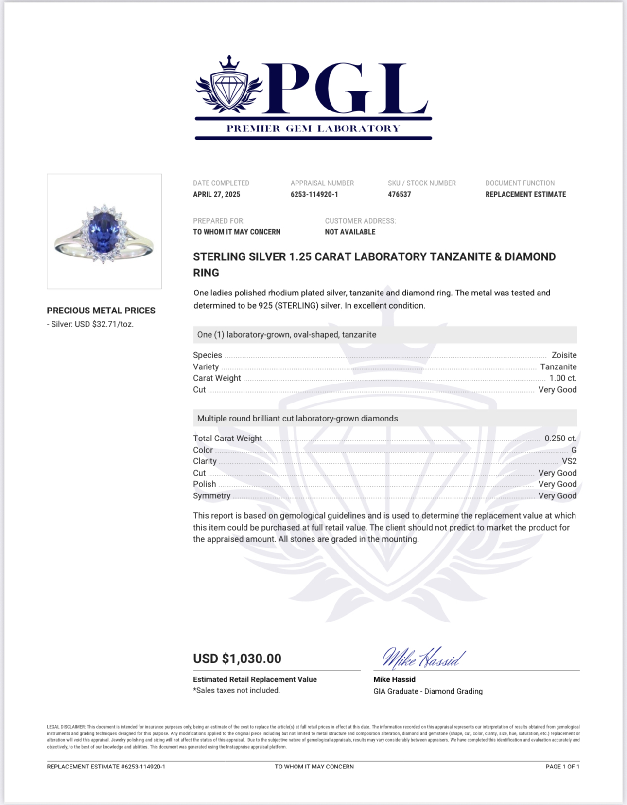 Not Sure/Unknown 1.25 Carat VS2 G Oval Lab Grown Diamond Ring - Image 3