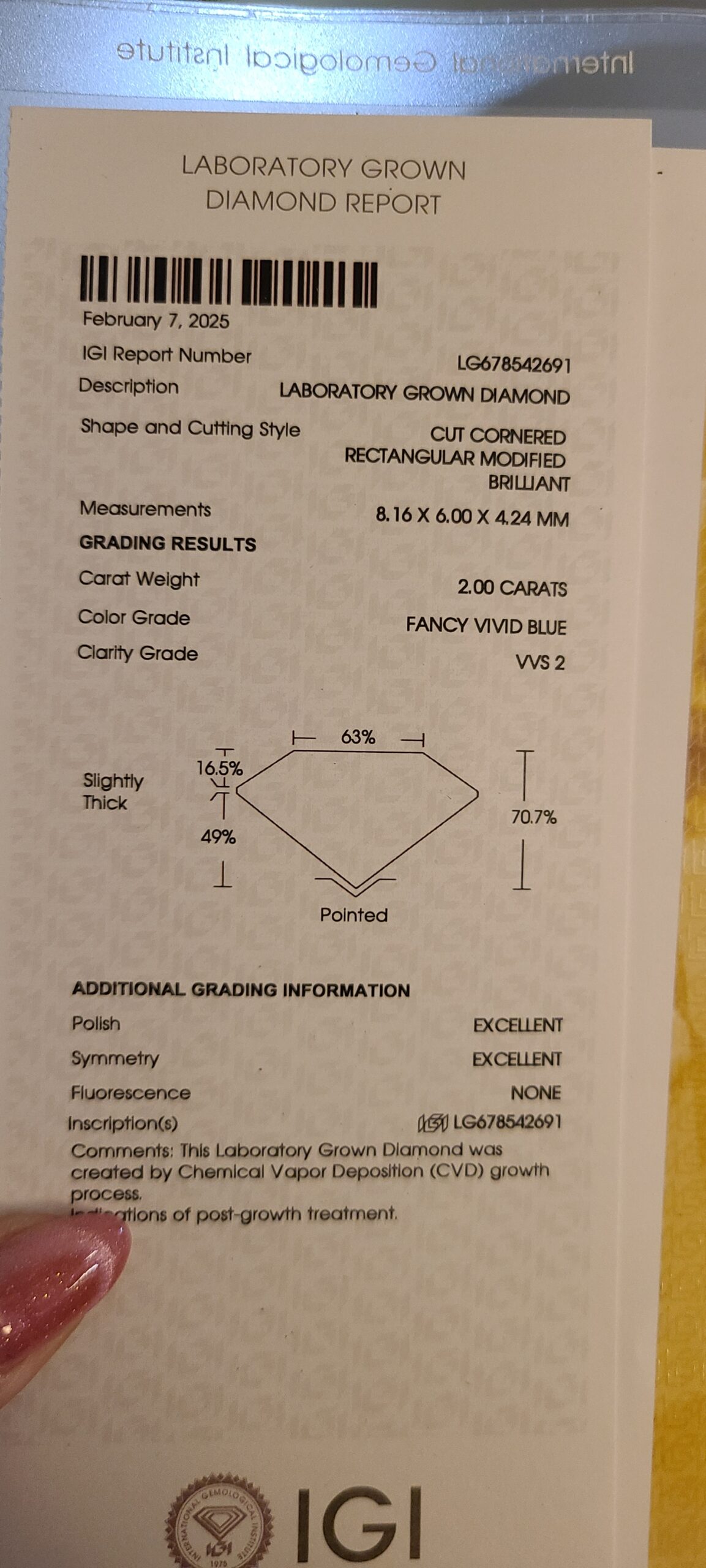 IGI 2 Carat I VVS2 Radiant Lab Grown Diamond Loose Diamond - Image 3